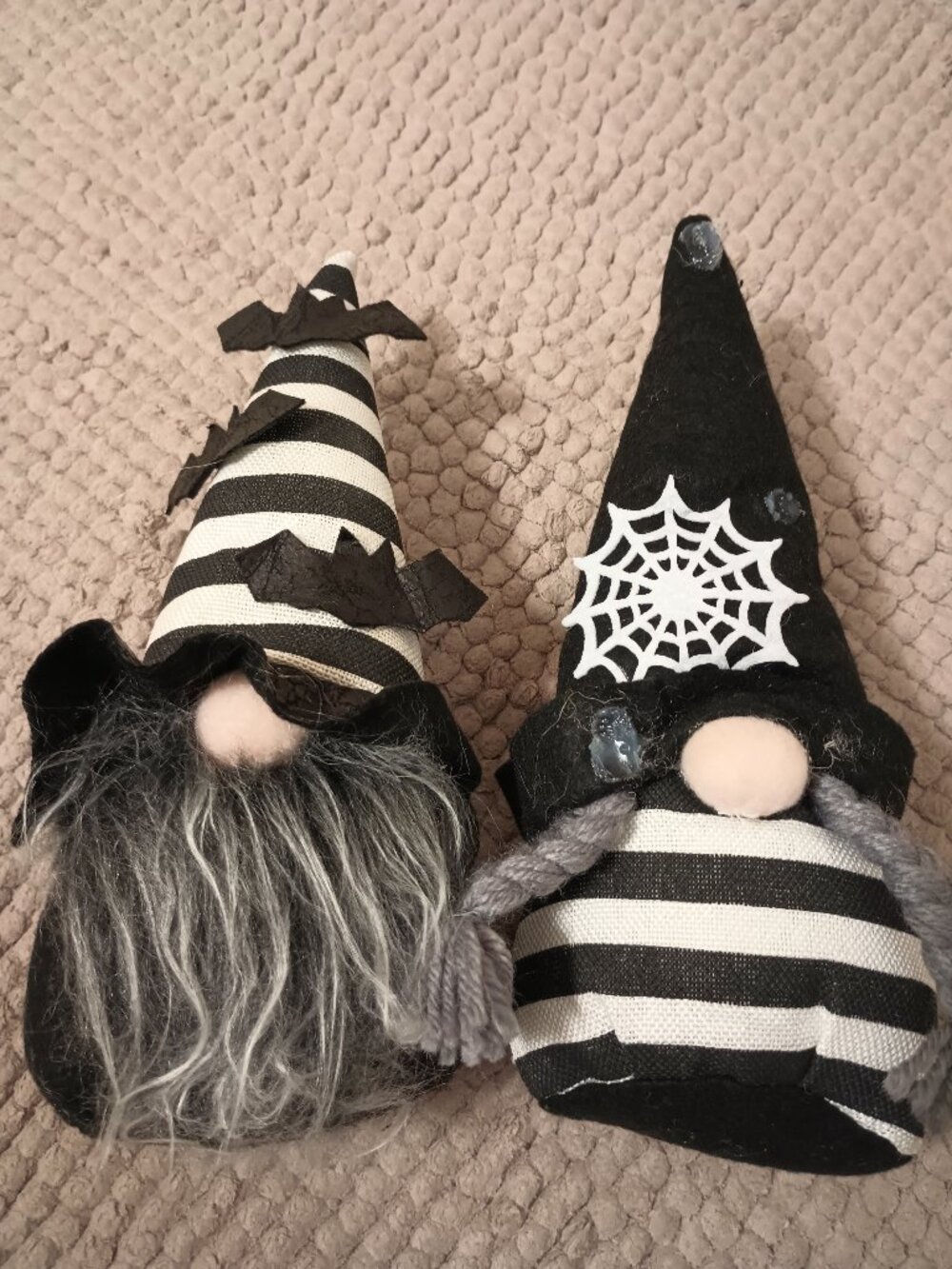 Lot of 2 Halloween Gnomes, Black and White Striped, Spiderweb and Bat Accents